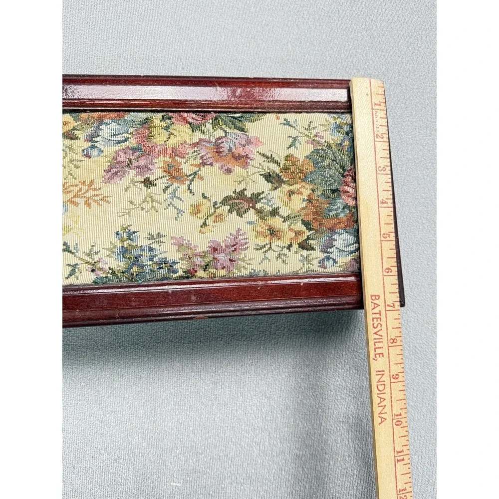 Jewelry Box Wooden Vintage w/Floral Tapestry Top